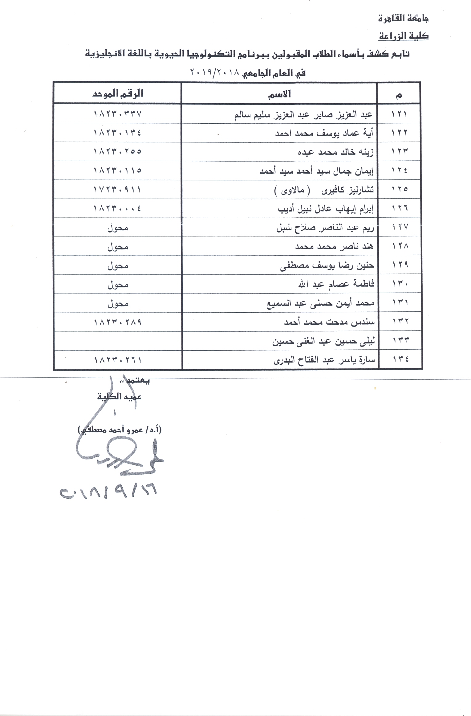 كشف بأسماء الطلاب المقبولين ببرنامجى "تصنيع الأغذية و التكنولجيا الحيوية باللغة الأنجليزية"