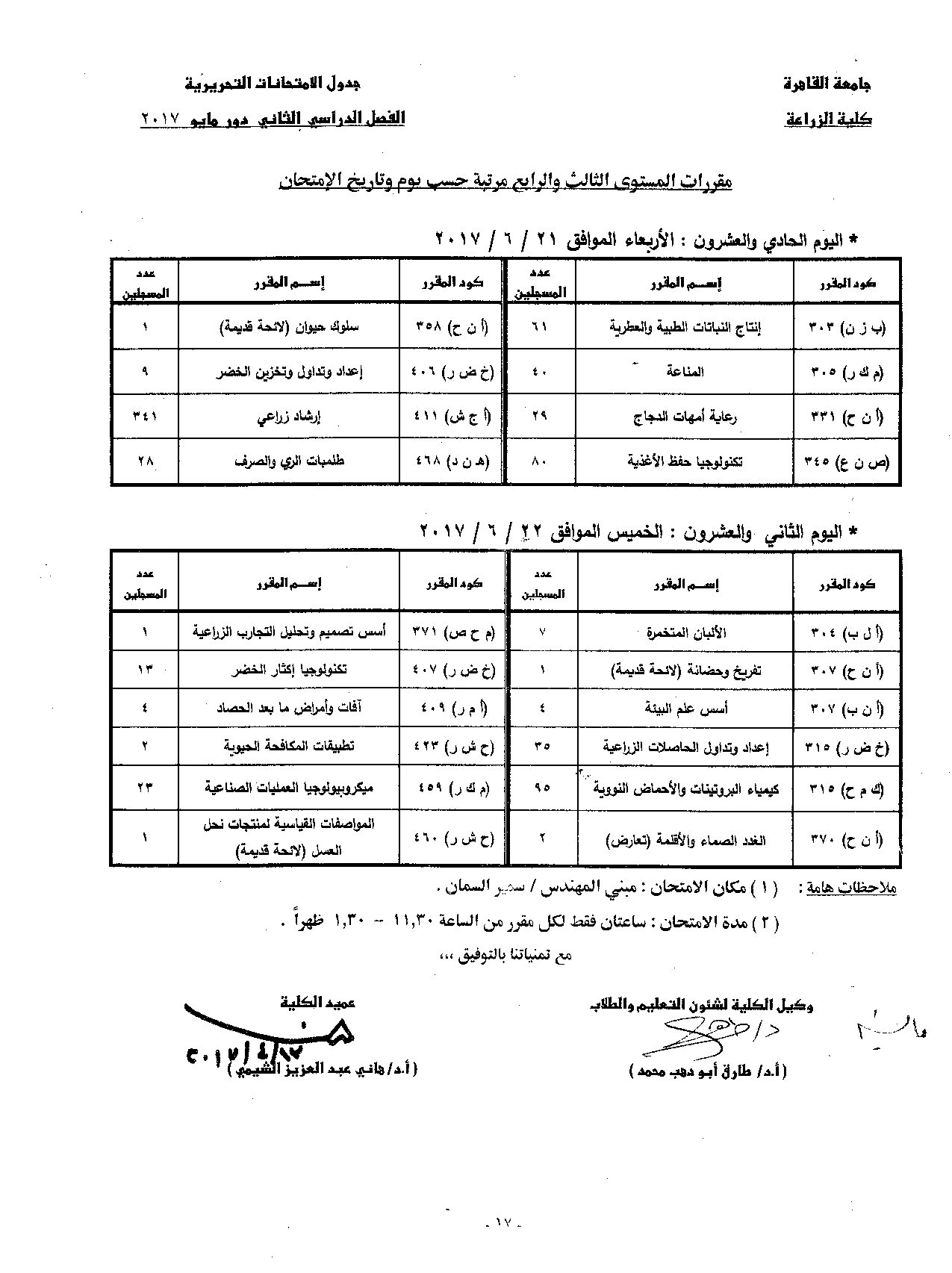                            جدول الامتحانات   الفصل الدراسي  الثاني   دور  مايو   2017 