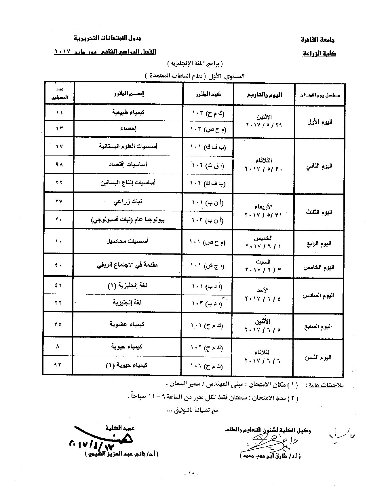                            جدول الامتحانات   الفصل الدراسي  الثاني   دور  مايو   2017 