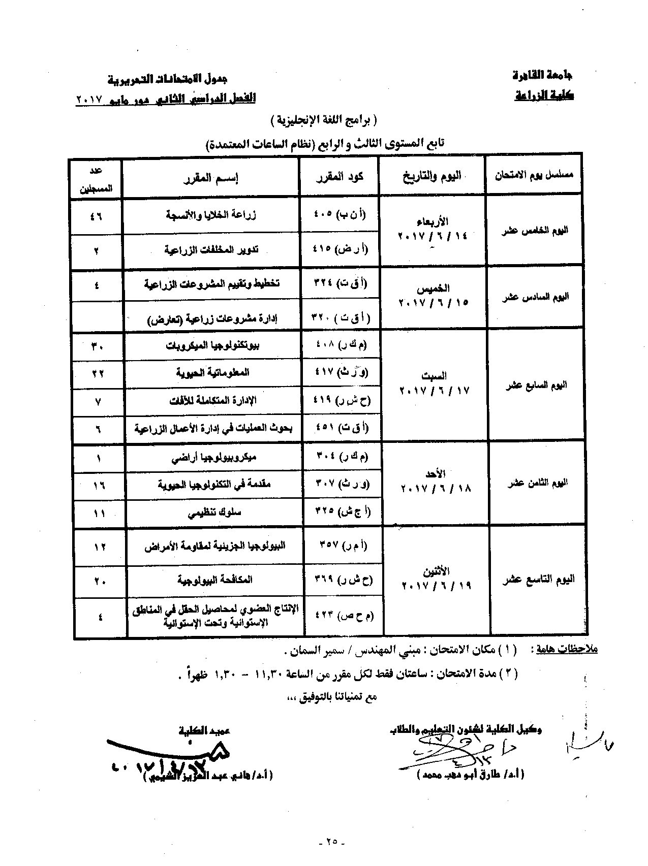                            جدول الامتحانات   الفصل الدراسي  الثاني   دور  مايو   2017 