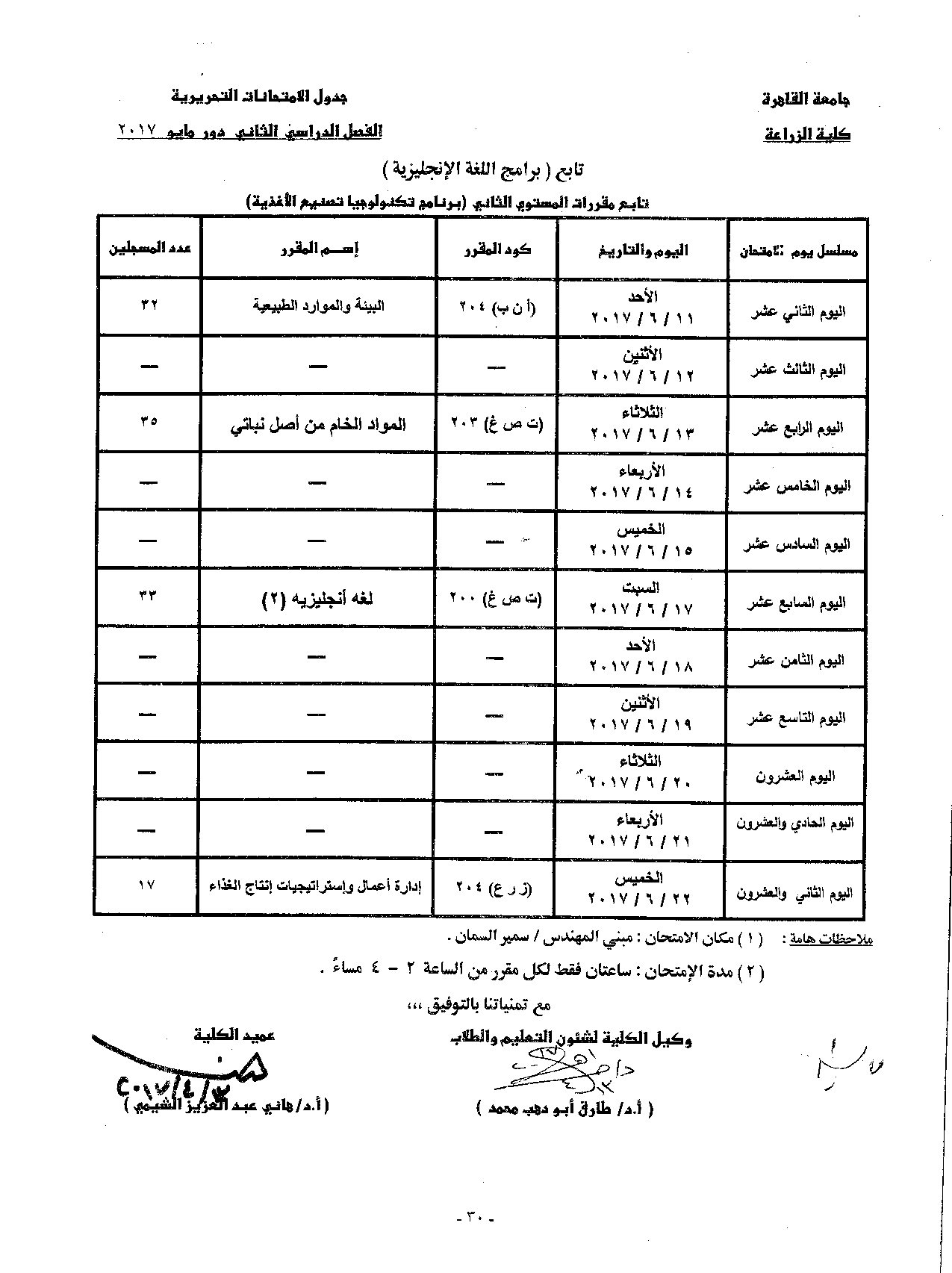                            جدول الامتحانات   الفصل الدراسي  الثاني   دور  مايو   2017 