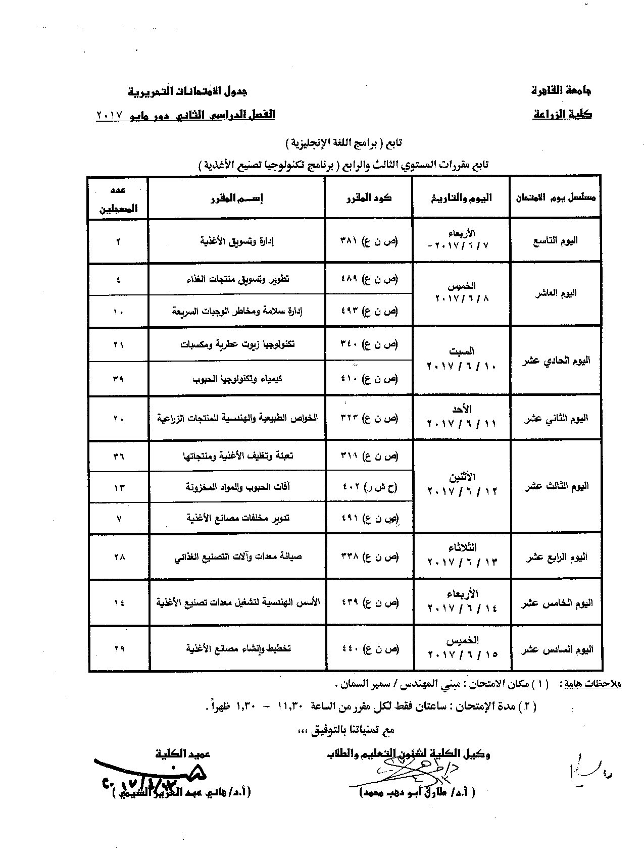                            جدول الامتحانات   الفصل الدراسي  الثاني   دور  مايو   2017 