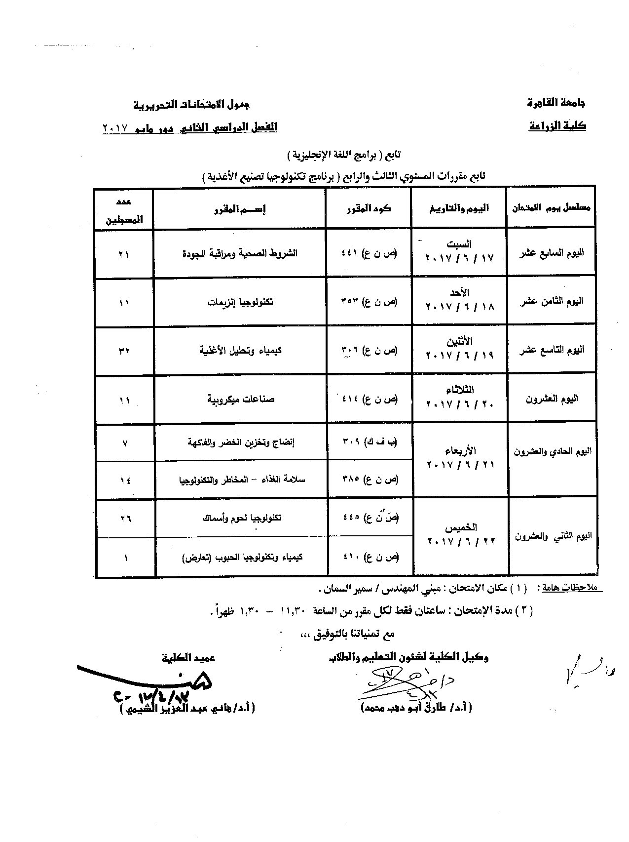                            جدول الامتحانات   الفصل الدراسي  الثاني   دور  مايو   2017 