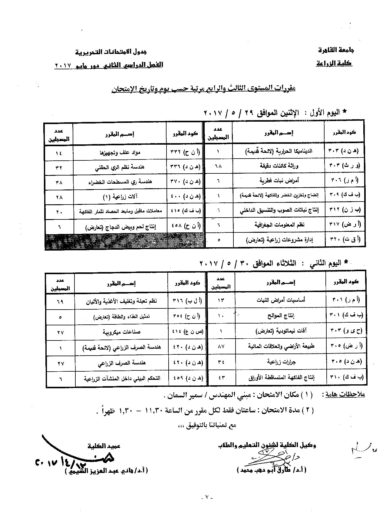                            جدول الامتحانات   الفصل الدراسي  الثاني   دور  مايو   2017 