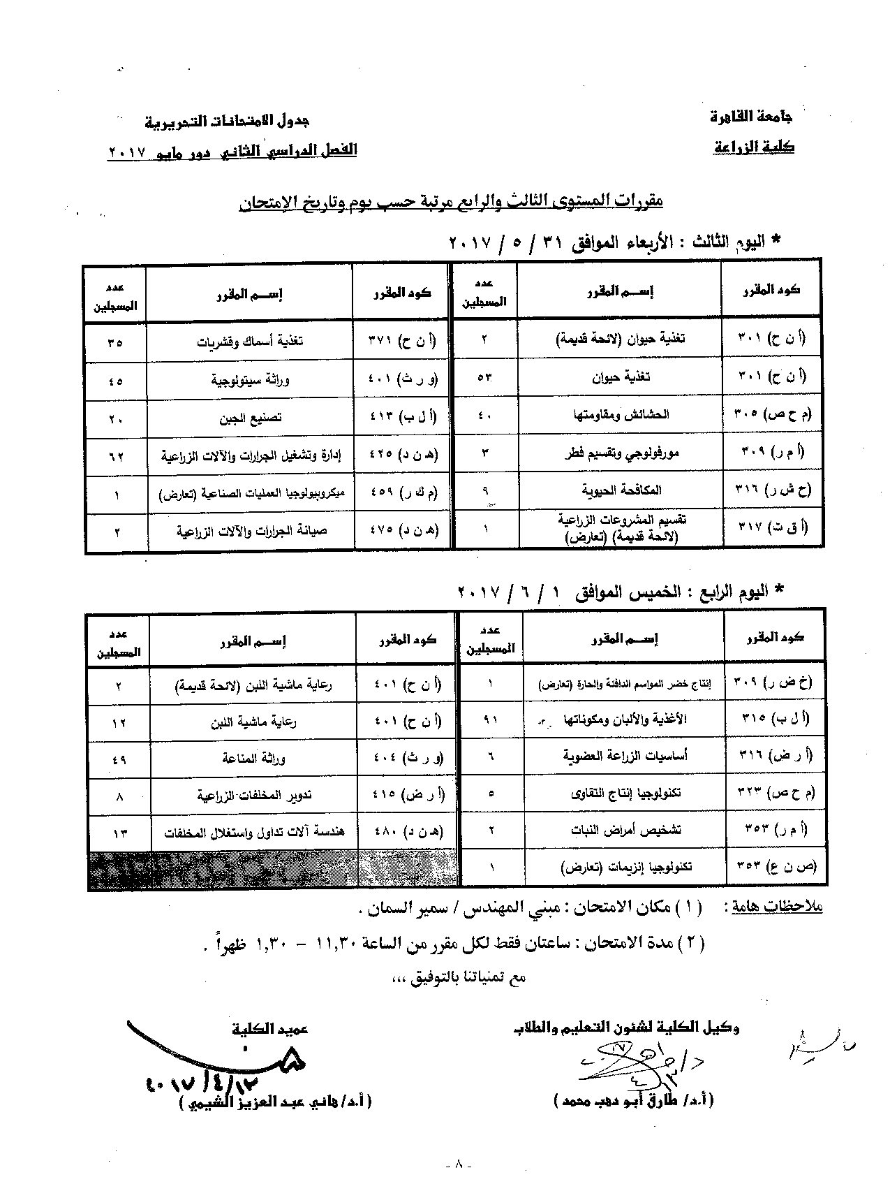                            جدول الامتحانات   الفصل الدراسي  الثاني   دور  مايو   2017 