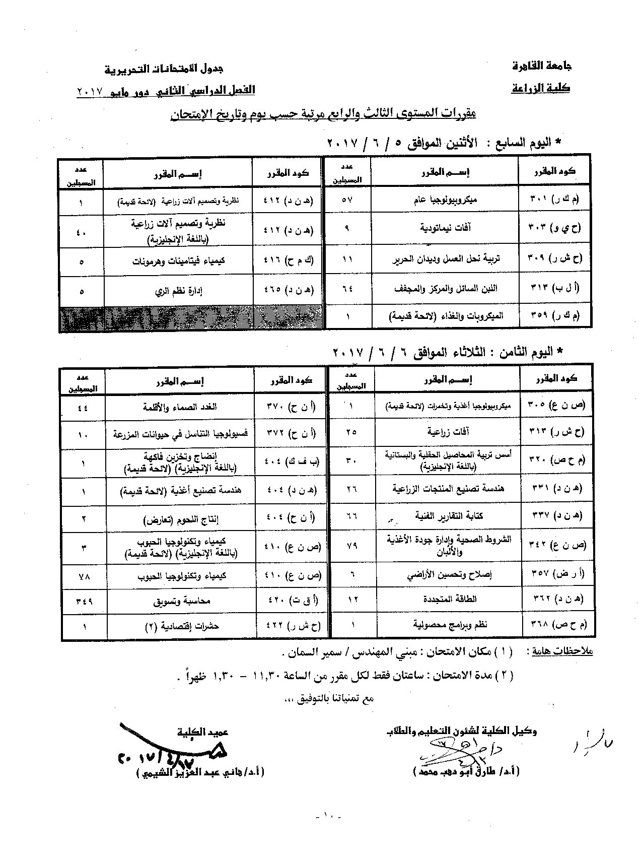                            جدول الامتحانات   الفصل الدراسي  الثاني   دور  مايو   2017 