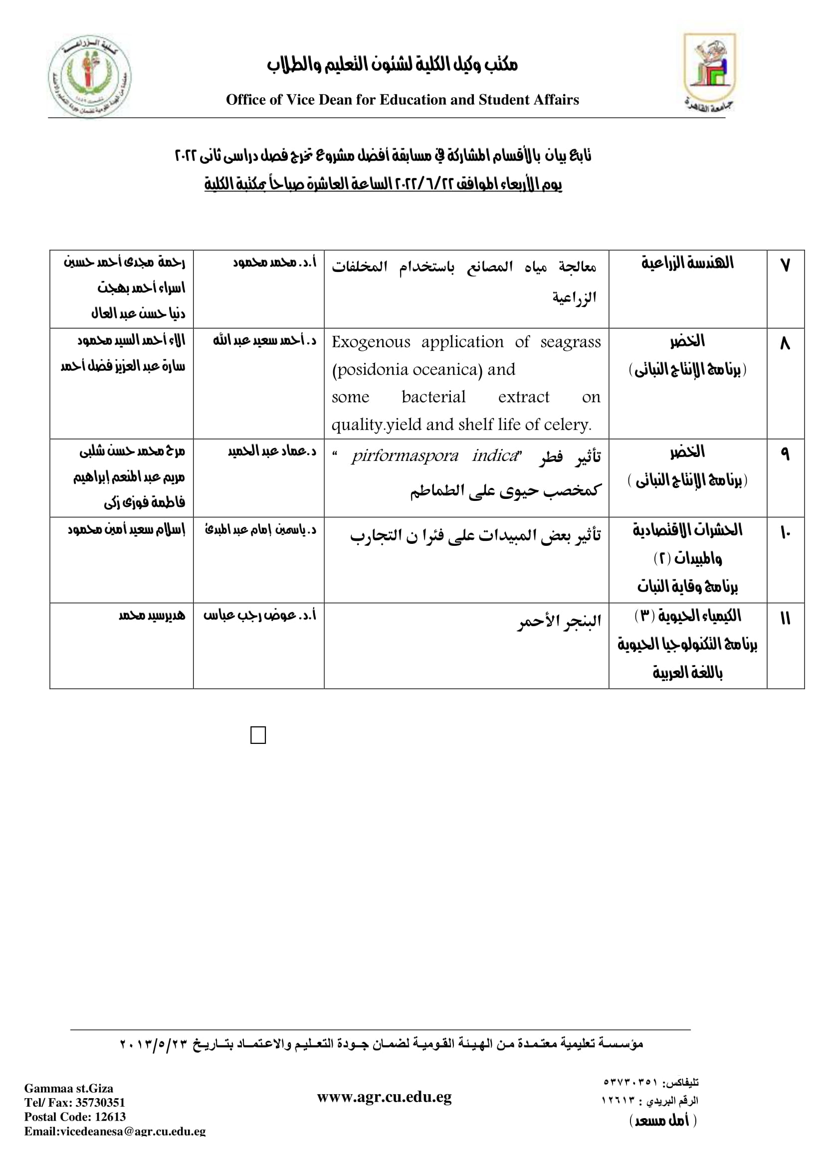 مسابقة أفضل مشروع تخرج للفصل الدراسى الثانى 2021-2022